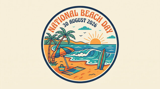 Vintage National Beach Day badge with palm trees.