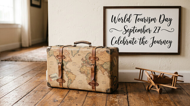 Vintage map suitcase and wooden toy airplane next to travel sign.