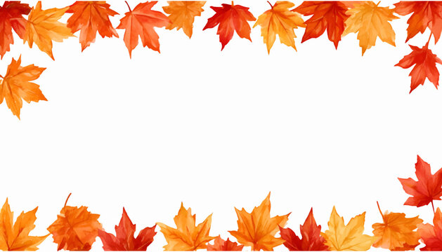 Watercolor maple leaves creating an autumn border with vibrant orange and red foliage, perfect for seasonal designs and fall themed projects, isolated on white