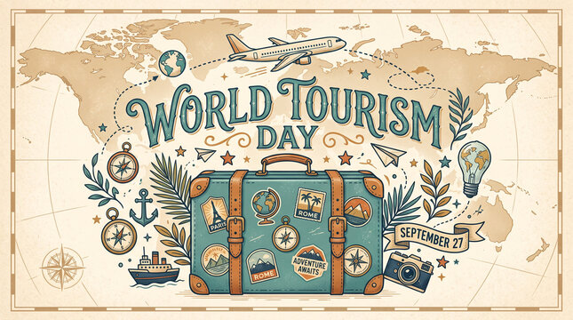 Vintage World Tourism Day illustration with antique suitcase and world map.