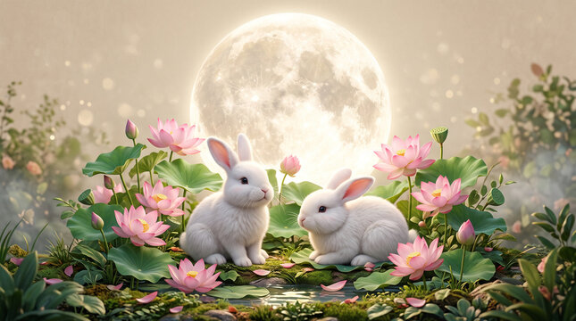 White rabbits sitting in lotus pond under large full moon.