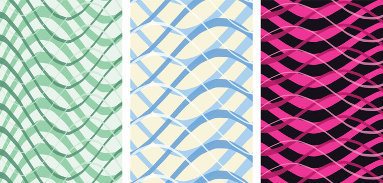 Three vertical panels with overlapping wavy lines in green, blue, and hot pink on contrasting backgrounds