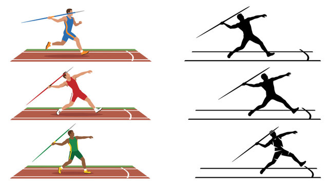 Set of vector collection featuring different styles of javelin throw athletes and competition action scenes, including running approaches, spear carrying, throwing preparation