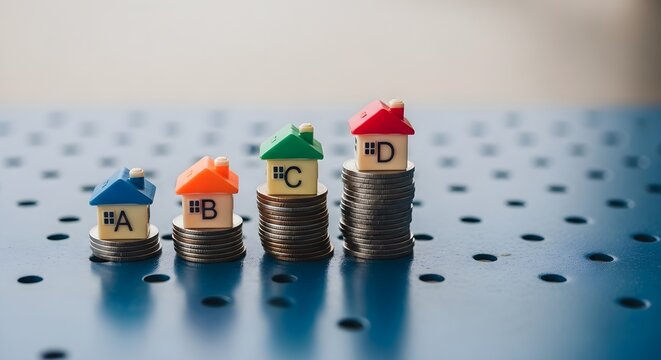 Real estate investment growth concept. Small toy houses labeled A B C D on top of rising stacks of coins. Financial planning photo for property market, mortgage, and home loans.
