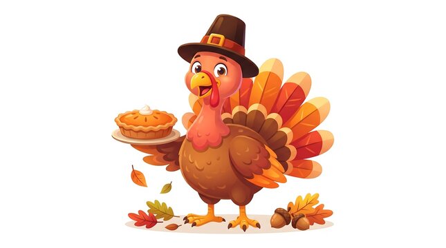 Cartoon turkey wearing a pilgrim hat holding a pumpkin pie for thanksgiving celebration