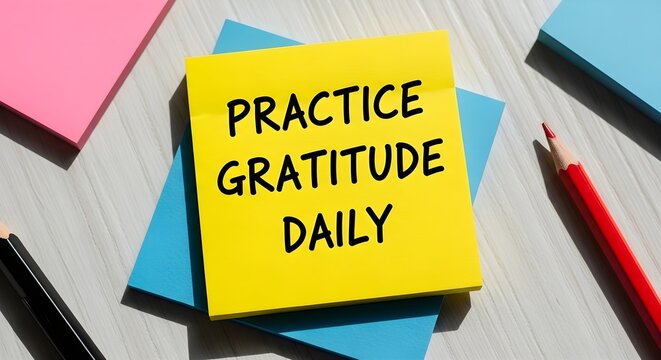 Practice Gratitude Daily sticky note message. Bright yellow adhesive note with handwritten reminder text on wooden desk with colorful stationery. Flat lay photography for self care concept.
