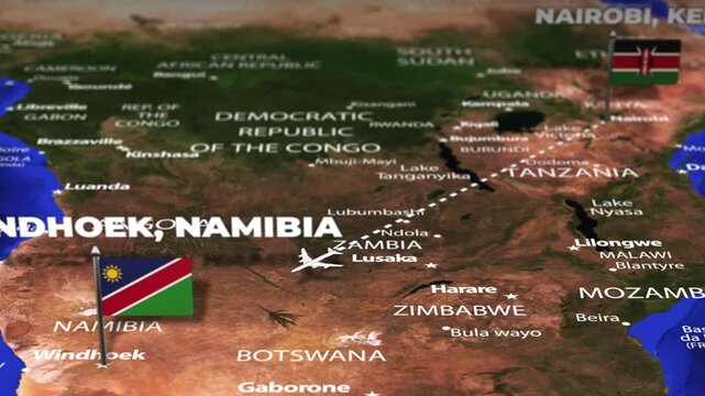 Flight From Nairobi KENYA to Windhoek NAMIBIA with flag pins