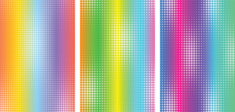 Three vertical panels featuring rainbow color gradients and white halftone dot pattern overlays
