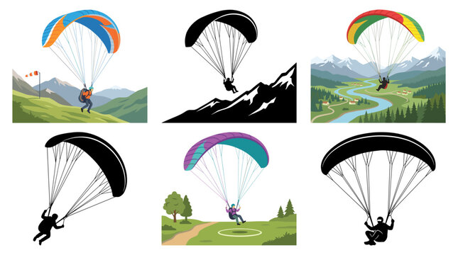 Professional vector collection featuring different styles of paragliders and aerial adventure scenes, including takeoff, soaring, gliding, turning, landing, and dynamic airborne poses above mountains