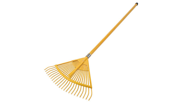 Classic wooden garden rake tool with fan shaped metal head isolated yard work equipment