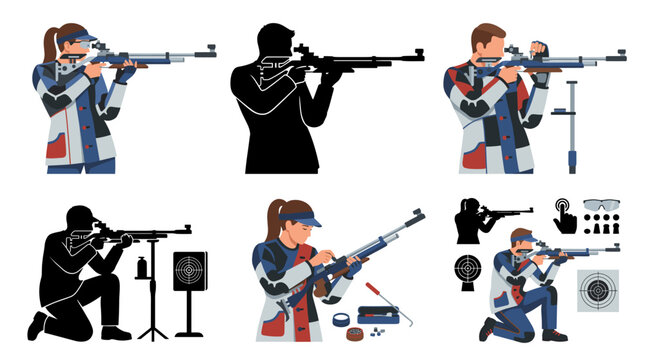 Professional vector collection featuring different styles of air rifle shooting athletes and precision shooting scenes, including standing shooting, aiming, focused competition poses