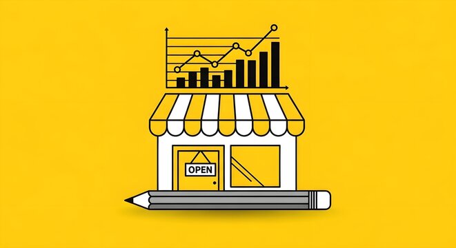 Storefront business growth illustration. Features storefront building, financial line graph chart, and pencil element. Minimalist vector design for local shop marketing and commerce strategy.