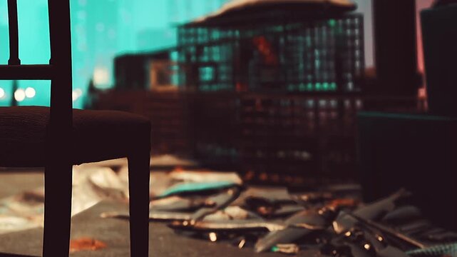 A chair sits alone in a room filled with debris. Broken objects and scattered papers cover the floor. Light comes through the windows, illuminating the mess.