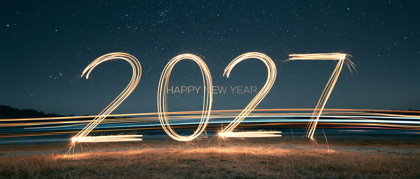 2027 Happy New Year Text Speed Motion Light Trails Banner