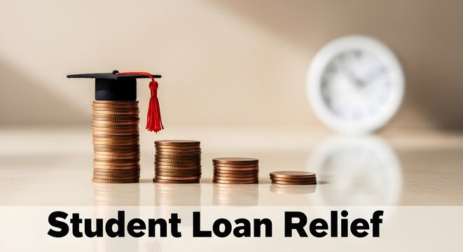 Student loan relief concept. Stack of coins with graduation cap on top in descending order with blurry clock. Education debt reduction, financial planning, and college tuition savings photo.