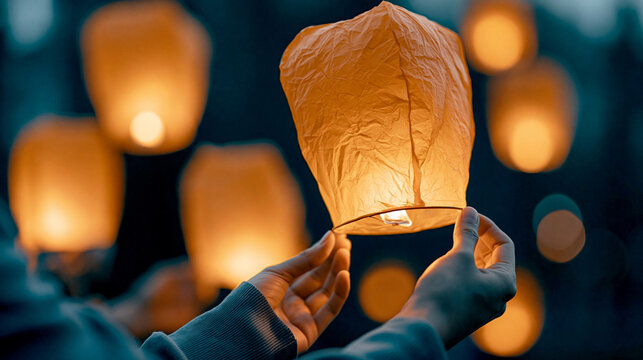 Hands gently release a glowing paper lantern into the night sky, surrounded by softly blurred golden lights in a warm festive celebration.
