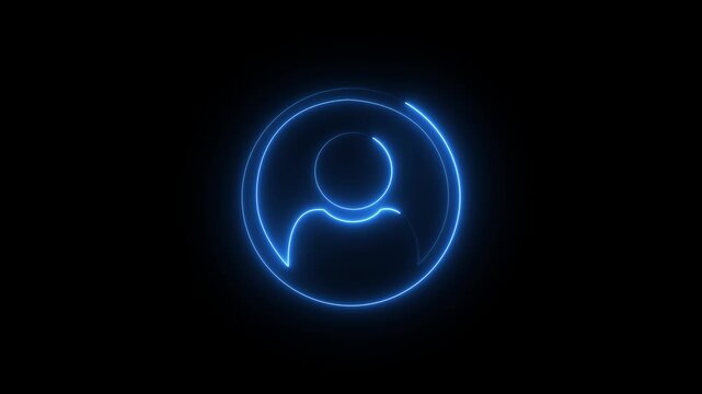 Glowing neon blue color user contact icon animation profile people man male identity account icon sign symbol on black background.4k motion video..