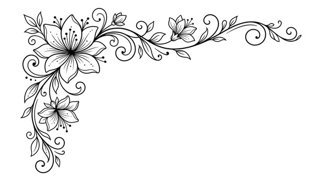 Elegant floral corner border illustration with hand drawn flowers and swirling vines