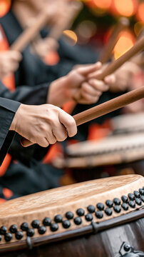 Musician strikes traditional drum with wooden stick, dynamic hands and textured instrument, festive cultural celebration, energetic bokeh background.
