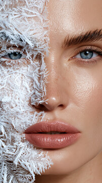 Split face beauty concept, frost pattern versus smooth hydrated skin, cold weather protection and skincare contrast, radiant natural glow.