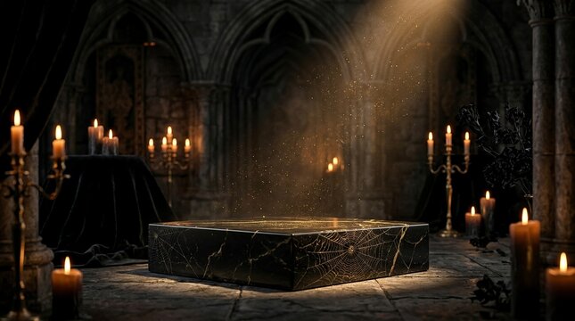 Mysterious Gothic Interior with Black Marble Pedestal, Candles, and Ethereal Light for Product Display