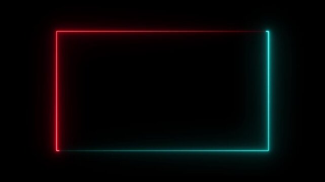 Square rectangle picture frame with two tone neon color motion graphic on isolated black background. Blue and pink light moveing for overlay element.4k motion video..