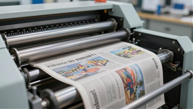 A close-up view of an offset printing machine producing a colorful newspaper with vivid illustrations and text.