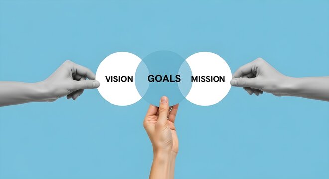 Three hands holding up circles representing the intersection of vision, mission, and goals on a blue background.