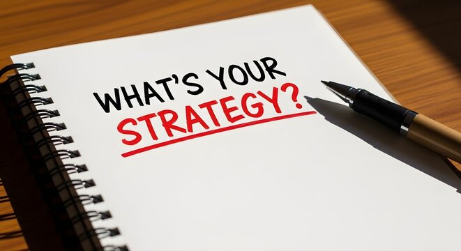 A white spiral notebook with "WHAT'S YOUR STRATEGY?" written on it, next to a pen on a wooden desk.