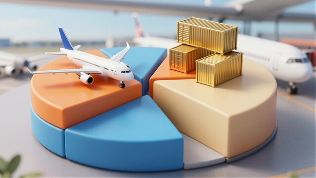 Modern aviation logistics data represented by miniature airplane, golden shipping containers, and colorful segmented pie chart at airport terminal.