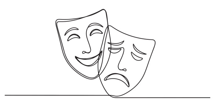 Black and white line art drawing of two theater masks showing a happy face and a sad face representing drama acting comedy and tragedy performance art concept for entertainment design