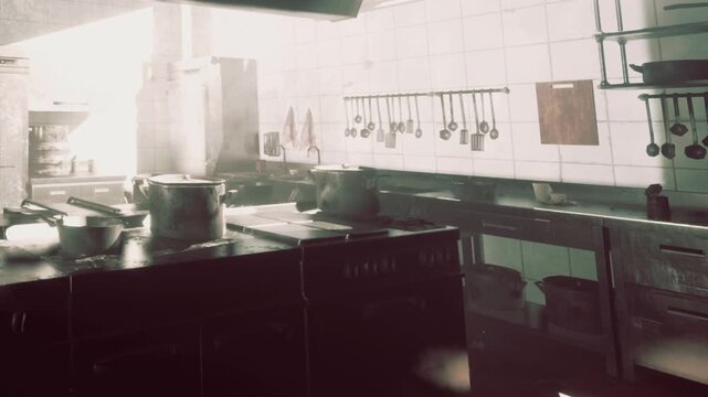 A kitchen is shown with pots, pans, and kitchen tools arranged on the counter. Light comes from the window, highlighting the workspace. It appears to be busy and in use.