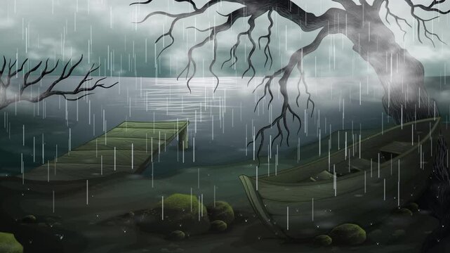 Animated Rain Falling on Dark Lake Shore with Old Boat and Pier