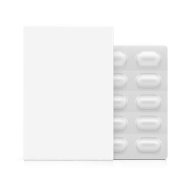 Silver blister packaging with paperboard box mockup set with capsule pills for design, presentation pharmacy products. 3D hight realistic vector illustration isolated on white background. EPS10.