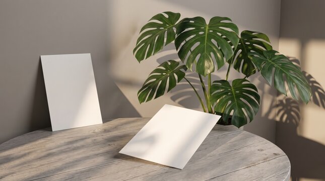Blank white paper card stationery mockup on rustic wooden table with monstera plant and sunlight