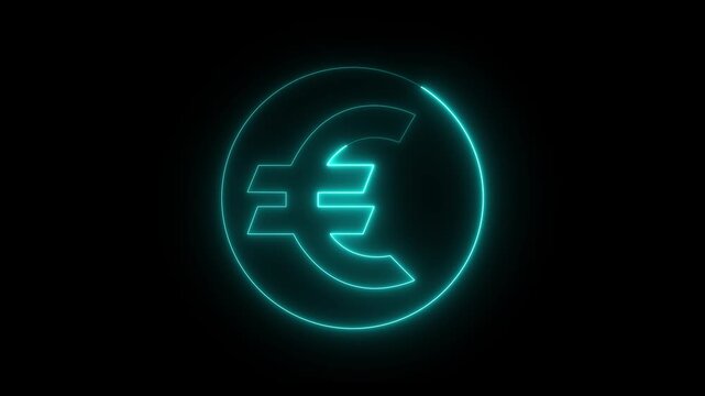Neon euro icon animation. Glowing neon euro money icon, looped animation. euro currency sign, bank, Business and finance conceptual neon light euro. neon blue euro currency on black background.