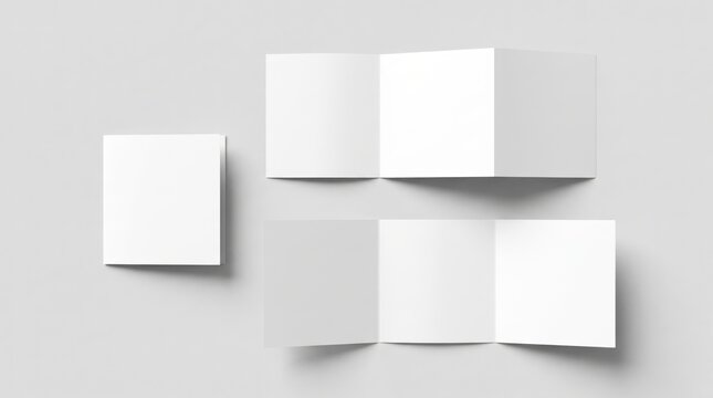 Blank white square tri fold brochure leaflet mockup set on grey background