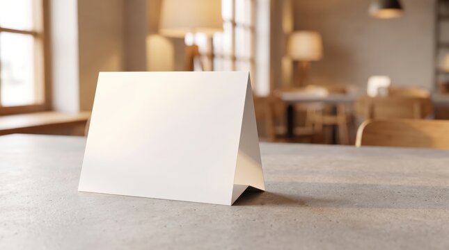 Blank white table tent card menu mockup on restaurant table indoors