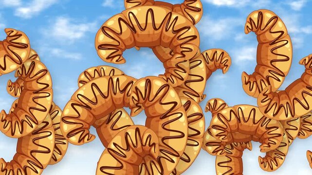 Animated Chocolate Drizzled Croissants Falling Through a Blue Sky
