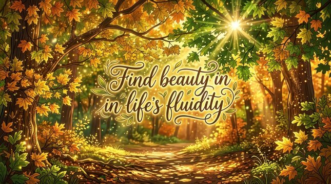 Magical autumn forest path with inspiring quote 'Find beauty in life's fluidity' and glowing sunlight filtering through trees