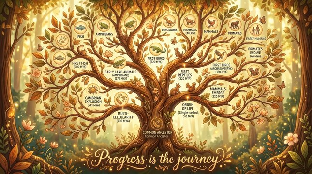 Magnificent Tree of Life illustration depicting the evolutionary timeline from single-celled organisms to mammals and primates
