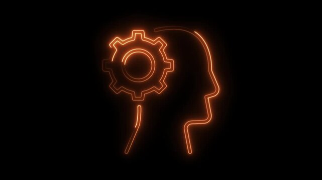 Glowing neon silhouette of human head with gear icon representing mental process on black