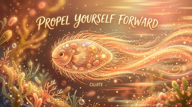 Magical glowing ciliate microorganism propels itself forward through a vibrant underwater coral reef ecosystem with inspiring text