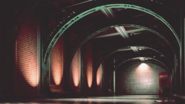 A long hallway features brick walls with arches. Soft lights illuminate the space. A red telephone booth stands alone against the wall in the background during the evening.