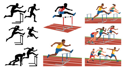 Fototapeta premium Professional vector collection featuring different styles of hurdle race athletes and dynamic track competition scenes, including sprinting over hurdles, jumping, landing, accelerating