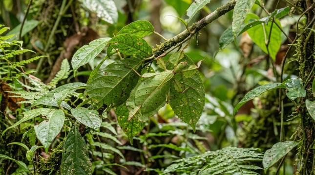 Leaf insect camouflaged in rainforest. Phyllium insect hiding on wet tropical foliage.