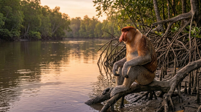 Proboscis monkey sitting by a riverbank. Rare primate resting in a tropical mangrove forest.