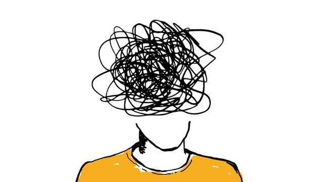 Minimalist animation of a stressed person with a chaotic scribble head, symbolizing anxiety, overthinking, mental pressure, confusion, burnout and emotional distress.