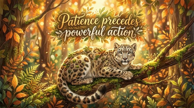 Majestic snow leopard resting on a moss-covered branch in a vibrant, sun-dappled autumn forest, with inspiring text 'Patience precedes powerful action
