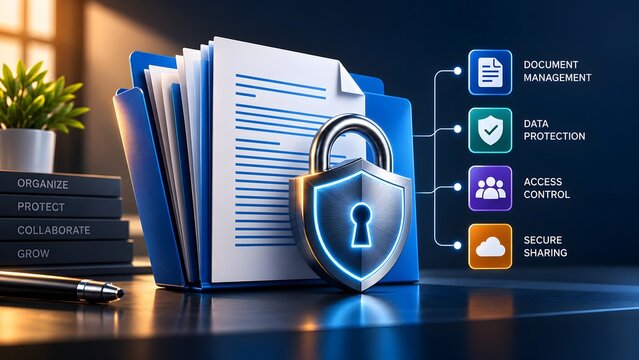 Open document folder with padlock shield and glowing digital interface displaying data protection and secure management workflow